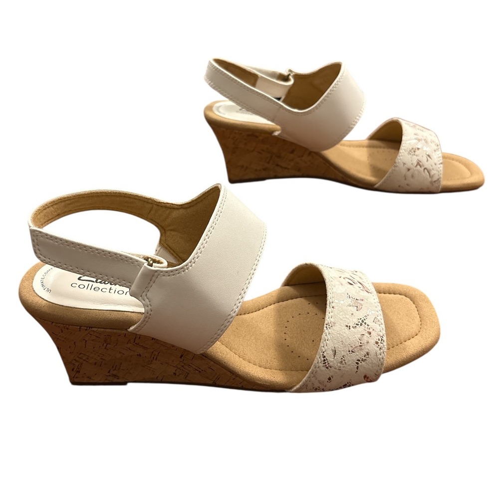 NIB Clarks Collection Kyarra Faye White Leather Wedge Sandals Women's 9.5M